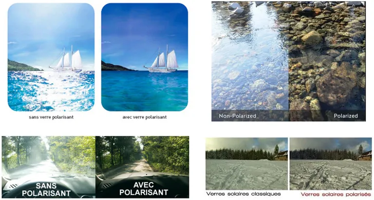 Avec ou sans polarisant, découvrez l'efficacité des verres polarisants. on voit l'éblouissement sur les images de droite, et les surfaces deviennent moins brillantes voire invisibles grâce au filtre polarisant