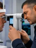 Cet opticien du 92, département des Hauts-de-Seine, examine les yeux de son patient. Il regarde l'état de la cornée et mesure l'écart pupillaire à l'aide d'un instrument.